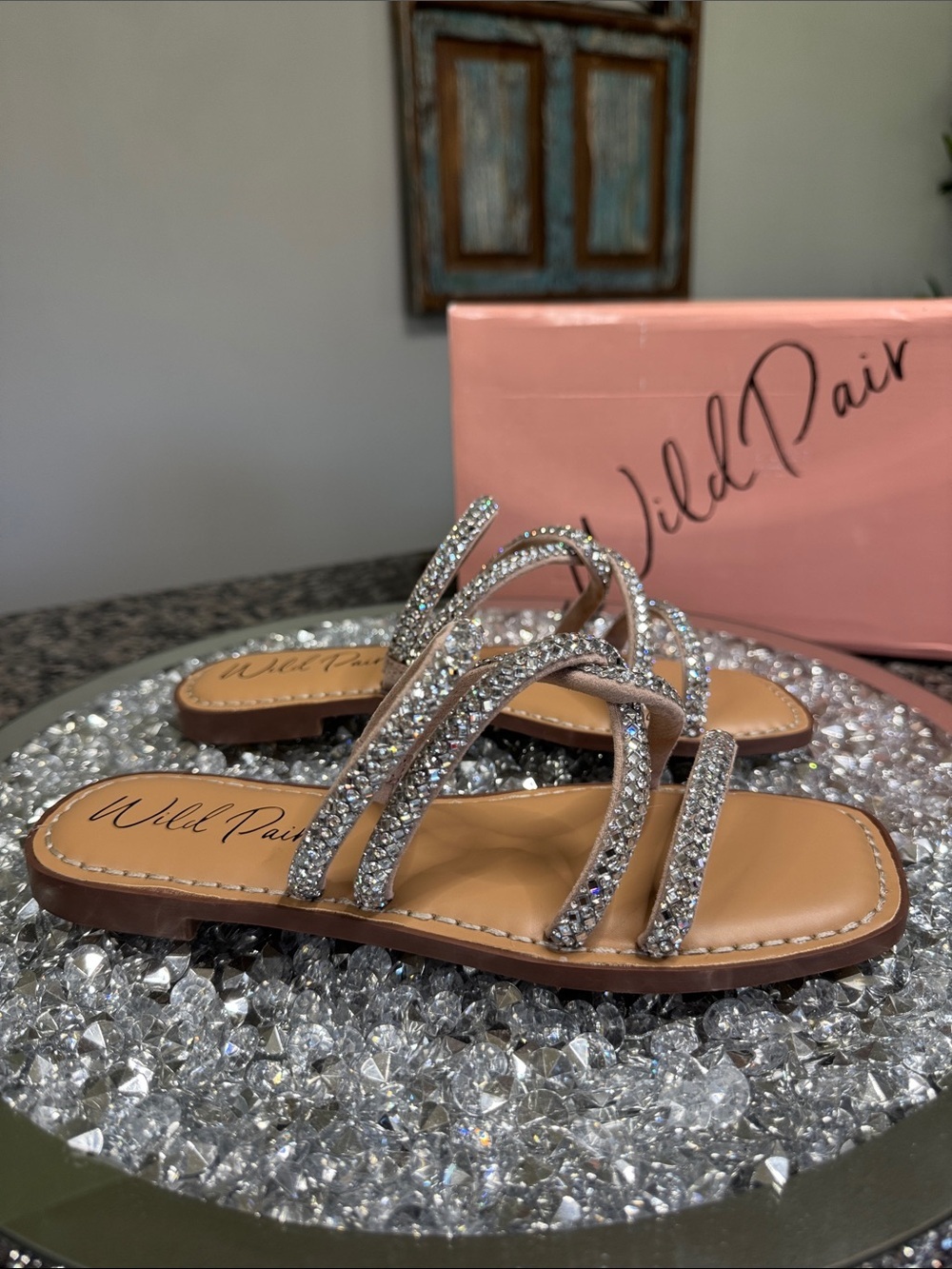 Wild Pair Gabryell Silver Crystal Strappy Slide Sandals NEW 7